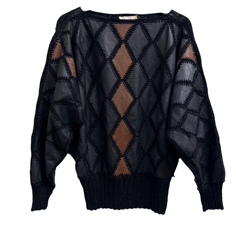 Greg Adams Leather Patchwork Sweater Diamond Knit Oversized Vintage Eclectic 80s